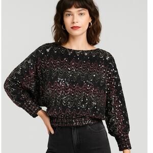 Unique 80s Vintage Studio 54 Black Purple Sequin Zigzag Batwing Disco Large